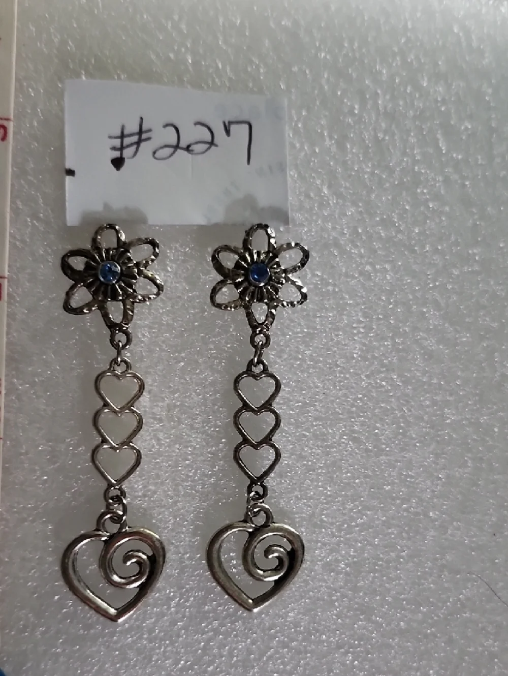 Hand Crafted Silver-Tone Floral & Heart Drop Earrings with Blue Accent